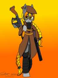 Size: 1920x2560 | Tagged: safe, artist:derpanater, oc, oc only, oc:rook, earth pony, semi-anthro, fallout equestria, armor, braid, braided ponytail, braided tail, clothes, female, gradient background, gun, looking at you, shotgun, weapon