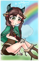 Size: 762x1200 | Tagged: safe, artist:penguin?, yona, human, yak, clothes, eared humanization, female, horn, horned humanization, humanized, looking at you, solo