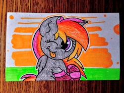 Size: 2560x1920 | Tagged: safe, artist:thebadbadger, oc, oc only, oc:elemental horizon, bat pony, pony, clothes, socks, solo, striped socks, tongue out, traditional art