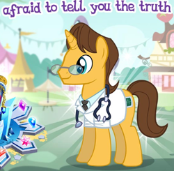 Size: 383x376 | Tagged: safe, doctor horse, doctor stable, pony, unicorn, caption, exploitable meme, gameloft, image macro, male, meme, stethoscope, text, wow! glimmer