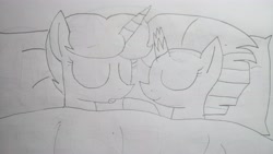 Size: 5312x2992 | Tagged: safe, artist:徐詩珮, fizzlepop berrytwist, spring rain, tempest shadow, pony, unicorn, broken horn, female, horn, lesbian, lineart, mare, shipping, sleeping, springshadow, traditional art