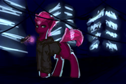 Size: 3000x2000 | Tagged: safe, artist:xaski21, tempest shadow, pony, broken horn, clothes, glowing horn, gun, handgun, hoodie, horn, jacket, levitation, magic, night, pistol, sketch, solo, telekinesis, urban, weapon