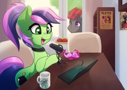 Size: 3508x2480 | Tagged: safe, artist:darksittich, oc, earth pony, pony, computer, laptop computer, microphone, mug, wanted poster