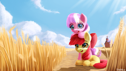 Size: 3840x2160 | Tagged: safe, artist:robsa990, apple bloom, diamond tiara, pony, fanfic:why am i crying, adorabloom, cute, daaaaaaaaaaaw, diamondbetes, high res, open mouth, scenery, sweet apple acres