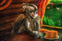 Size: 1500x1008 | Tagged: safe, artist:raychelrage, oc, oc only, oc:kujivunia, bird, butterfly, chicken, dog, pegasus, pony, zebra, apple tree, bush, cherry, cherry jam, chest fluff, curtain, female, fence, food, happy, house in the village, interior, licking, licking lips, mare, pancakes, pegasus oc, pegazebra, pretzel, smiling, solo, summer, sushki, table, tongue out, tree, unshorn fetlocks, window, wooden walls, zebra oc, zebrasus