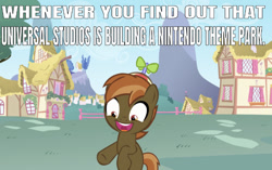 Size: 665x417 | Tagged: safe, edit, edited screencap, editor:undeadponysoldier, screencap, button mash, beanie, button's hat, caption, colt, debate in the comments, excited, fence, happy, hat, house, image macro, male, meme, nintendo, open mouth, ponyville, solo, text, tree, universal studios