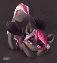 Size: 2665x2953 | Tagged: safe, artist:domidelance, oc, oc only, bat pony, pony, bat pony oc, bedroom eyes, cute, cute little fangs, face down ass up, fangs, female, heart eyes, looking at you, mare, solo, wingding eyes