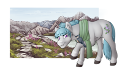 Size: 2057x1210 | Tagged: safe, artist:royvdhel-art, oc, oc:rimfrost, bird, clothes, flower, mountain, mountain range, scarf, scenery