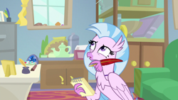 Size: 1280x720 | Tagged: safe, screencap, silverstream, student counsel, book, inkwell, notepad, quill, sofa, solo, starlight's office