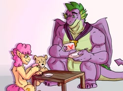 Size: 2560x1907 | Tagged: safe, artist:shepherd228666, li'l cheese, spike, dragon, the last problem, food, gigachad spike, male, older, older spike, plushie, smiling, tea, tea party, teddy bear, uncle spike, winged spike