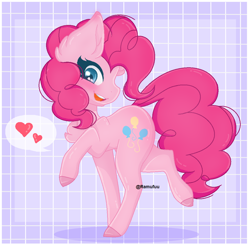 Size: 1080x1068 | Tagged: safe, artist:ramufuu, derpibooru import, pinkie pie, earth pony, pony, blushing, chest fluff, colored hooves, cute, diapinkes, ear fluff, female, heart, mare, pictogram, profile, solo, speech bubble