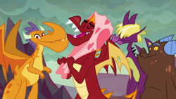 Size: 1920x1080 | Tagged: safe, screencap, billy (dragon), fume, garble, spear (dragon), sweet and smoky, blanket, clump