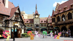 Size: 649x367 | Tagged: safe, editor:undeadponysoldier, apple bloom, babs seed, boneless, scootaloo, smarty pants, spike, sweetie belle, dragon, earth pony, human, pegasus, pony, unicorn, apple, balcony, biting, bow, building, bush, clock, clock tower, cutie mark crusaders, disney world, doll, dragons in real life, epcot, female, filly, flag, flower, food, framework, freckles, irl, irl human, male, photo, ponies in real life, rose, streetlight, toy, vacation