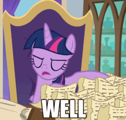 Size: 1130x1080 | Tagged: safe, edit, edited screencap, screencap, twilight sparkle, twilight sparkle (alicorn), alicorn, pony, the beginning of the end, animated, bad mood, caption, chair, cropped, excuse me, floppy ears, gif, gifs.com, image macro, office, paper, solo, table, text, the legend of zelda, well excuse me princess