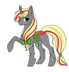 Size: 1920x2004 | Tagged: safe, artist:kxttponies, oc, oc only, changepony, hybrid, bow, female, hair bow, magical lesbian spawn, offspring, parent:applejack, parent:queen chrysalis, parents:chrysajack, raised hoof, simple background, solo, transparent background