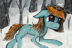 Size: 400x267 | Tagged: safe, artist:restartbob, oc, oc:mercury vapour, pony, prone, sad, snow, solo, tree