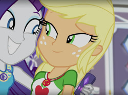 Size: 1301x966 | Tagged: safe, screencap, applejack, rarity, better together, camping must-haves, equestria girls, female, geode of super strength, magical geodes, rarity's bedroom, shipping fuel, smiling