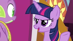 Size: 1920x1080 | Tagged: safe, screencap, spike, twilight sparkle, twilight sparkle (alicorn), alicorn, dragon, pony, the ending of the end, evil grin, measuring tape, smiling, winged spike