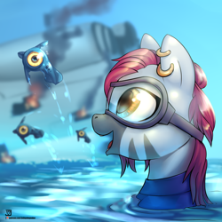 Size: 2000x2000 | Tagged: safe, artist:jedayskayvoker, oc, oc only, oc:zjin-wolfwalker, pony, zebra, digital art, diving goggles, diving suit, ear piercing, earring, female, goggles, jewelry, ocean, open mouth, peeper (subnautica), piercing, ponified, quadrupedal, smiling, solo, space ship, subnautica, water, zebra oc