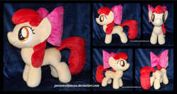 Size: 1600x855 | Tagged: safe, artist:peruserofpieces, apple bloom, earth pony, pony, accessory, bow, female, filly, front view, happy, irl, photo, plushie, profile, rear view, smiling, solo, toy