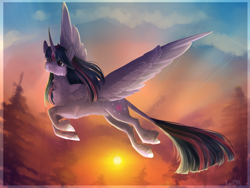 Size: 1600x1200 | Tagged: safe, artist:lou1911, twilight sparkle, twilight sparkle (alicorn), alicorn, pony, cheek fluff, chest fluff, curved horn, dawn, female, flying, forest, horn, leonine tail, mare, signature, smiling, solo, sunrise, unshorn fetlocks