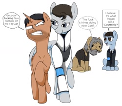 Size: 1200x1046 | Tagged: safe, artist:wolftenpr0nz, earth pony, pegasus, pony, robot, unicorn, bedroom eyes, clothes, connor, courtship, crossover, detroit: become human, dialogue, flirting, gavin reed, gay, hank anderson, jacket, looking at each other, male, nines, ponified, quartet, reed900, rk800, rk900, simple background, sitting, stallion, tsundere, vulgar, white background, wing hold