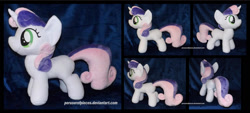 Size: 1600x720 | Tagged: safe, artist:peruserofpieces, sweetie belle, pony, unicorn, female, filly, happy, horn, irl, photo, plushie, profile, rear view, smiling, solo, toy