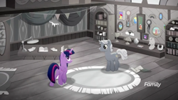 Size: 1366x766 | Tagged: safe, screencap, sunny skies, twilight sparkle, twilight sparkle (alicorn), alicorn, pony, rainbow roadtrip, banner, book, bust, butt, carpet, desaturated, desk, discovery family logo, grayscale, hope hollow, lamp, monochrome, photos, picture frame, plot, quill pen, ribbon, rug, scroll, shelf, spider web, table, trophy