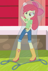 Size: 1155x1698 | Tagged: safe, screencap, apple bloom, better together, equestria girls, holidays unwrapped, angry, apple bloom's bow, barn, boots, bow, caught, clothes, cropped, hair bow, jeans, net, pants, shoes, the cider louse fools