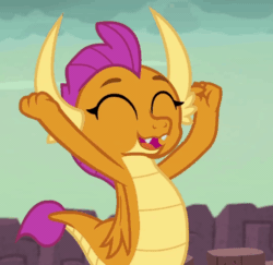 Size: 542x526 | Tagged: safe, screencap, smolder, dragon, uprooted, animated, cheerful, cheering, clenched fist, cropped, cute, dragon lands, dragoness, eyes closed, fangs, female, folded wings, gif, happy, horns, laughing, open mouth, smolderbetes, solo, teenaged dragon, teenager, victory, wings