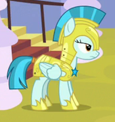 Size: 343x365 | Tagged: safe, screencap, guardian angel (character), pegasus, pony, sparkle's seven, background pony, cropped, female, guardsmare, helmet, hoof shoes, lidded eyes, mare, pegasus royal guard, royal guard, royal guard armor, solo