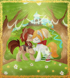 Size: 1700x1900 | Tagged: safe, artist:ponytrash, oc, oc only, earth pony, pony, unicorn, castle, crepuscular rays, flower, marriage, tree, wedding