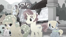 Size: 1366x768 | Tagged: safe, screencap, dawn droplet, pony, rainbow roadtrip, background pony, building, colt, desaturated, discovery family logo, family, father and child, father and son, female, flower, grayscale, hope hollow, jasmine breeze, male, monochrome, mother and child, mother and son, parent and child, rich harvest, sideburns, unnamed pony