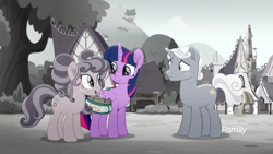 Size: 1366x768 | Tagged: safe, screencap, petunia petals, sunny skies, twilight sparkle, twilight sparkle (alicorn), alicorn, earth pony, pony, unicorn, rainbow roadtrip, building, cute, desaturated, discovery family logo, female, folded wings, freckles, grayscale, hope hollow, house, looking at each other, male, mare, monochrome, open mouth, rainbow generator, saddle bag, stallion, tree, twiabetes, wings, worried