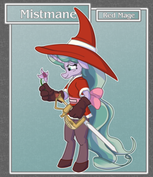 Size: 1688x1950 | Tagged: safe, artist:brownie-bytes, mistmane, anthro, unguligrade anthro, clothes, crossover, fantasy class, final fantasy, hat, mistmane's flower, rapier, red mage, solo, sword, weapon