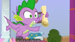 Size: 1920x1080 | Tagged: safe, edit, edited screencap, screencap, spike, dragon, sparkle's seven, caption, meme, religion, scroll, winged spike, youtube caption