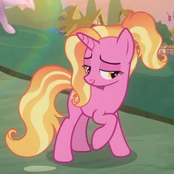 Size: 800x800 | Tagged: safe, screencap, luster dawn, pony, unicorn, the last problem, cropped, mid-blink screencap, one hoof raised, out of context, solo, squint, upscaled