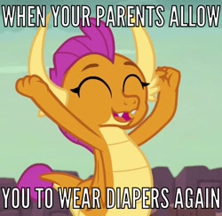 Size: 542x526 | Tagged: safe, edit, edited screencap, screencap, smolder, dragon, uprooted, caption, cropped, downvote bait, downvote hell, dragoness, eyes closed, female, fetish, image macro, implied diaper fetish, solo, text