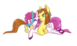 Size: 2000x1200 | Tagged: safe, artist:hippykat13, oc, oc only, oc:heartbeat, oc:michpone, earth pony, pegasus, pony, :p, couple, cuddling, cute, floral head wreath, flower, frog (hoof), hooves, one eye closed, simple background, tongue out, transparent background, underhoof, wink