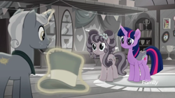 Size: 1366x768 | Tagged: safe, screencap, petunia petals, sunny skies, twilight sparkle, twilight sparkle (alicorn), alicorn, earth pony, pony, unicorn, rainbow roadtrip, banner, book, carpet, colored wings, desaturated, discovery family logo, female, glass case, grayscale, hat, hope hollow, levitation, magic, male, mare, monochrome, multicolored wings, picture frame, rainbow wings, shelf, stallion, telekinesis, top hat, trophy, wings