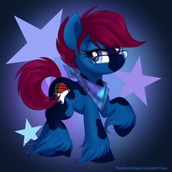 Size: 894x894 | Tagged: safe, artist:thenornonthego, oc, oc only, oc:t-minus ten, earth pony, pony, abstract background, female, glasses, gradient background, looking at you, mare, neckerchief, solo, unshorn fetlocks