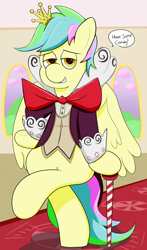 Size: 1832x3124 | Tagged: safe, artist:flavorful_sweets, oc, oc:flavorful sweets, pegasus, pony, bg, bowtie, cane, clothes, crossed legs, crown, jewelry, king candy outfit, regalia, solo