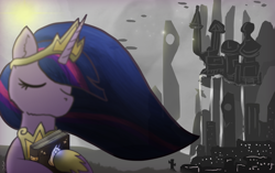 Size: 1887x1182 | Tagged: safe, artist:jesterpi, princess twilight 2.0, twilight sparkle, twilight sparkle (alicorn), alicorn, pony, the last problem, book, canterlot, city, future, futuristic, gray, happy birthday mlp:fim, memories, mlp fim's ninth anniversary, princess, shine, solo, sun, truth