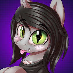 Size: 3000x3000 | Tagged: safe, artist:ask-colorsound, pony, unicorn, blushing, bust, clothes, commission, cute, disguise, disguised siren, eyebrows, fangs, gradient background, happy, horn, jewelry, kellin quinn, looking at you, male, necklace, ponified, shirt, sleeping with sirens, slit eyes, solo, stallion, tongue out, ych result