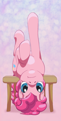 Size: 800x1572 | Tagged: safe, artist:snownebula, derpibooru import, pinkie pie, earth pony, pony, :t, bored, cute, female, looking at you, mare, on back, solo, table, upside down