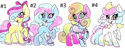 Size: 2004x774 | Tagged: safe, artist:imaranx, oc, oc only, earth pony, pegasus, pony, unicorn, adoptable, adoptableoc, adoption, adopts, clothes, cute, pastel colors, ribbon, soft color