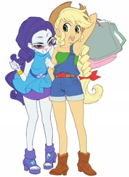 Size: 1500x2048 | Tagged: safe, artist:5mmumm5, applejack, rarity, better together, equestria girls, applejack's hat, armpits, clothes, cowboy hat, cute, duo, duo female, female, hat, jackabetes, raribetes, shopping, sunglasses