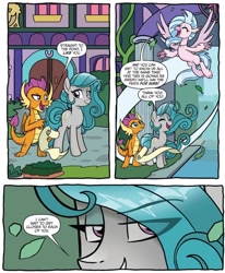 Size: 724x880 | Tagged: safe, artist:tonyfleecs, idw, silverstream, smolder, swift foot, classical hippogriff, dragon, earth pony, hippogriff, pony, spoiler:comic, spoiler:comicfeatsoffriendship01, claws, comic, dragoness, evil grin, evil planning in progress, eyeshadow, facade, female, flying, folded wings, grin, horns, lidded eyes, makeup, mare, official comic, raised eyebrow, school of friendship, smiling, speech bubble, spread wings, talons, teenaged dragon, teenager, thracian, wings, young mare