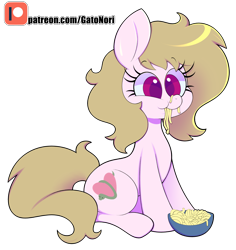 Size: 2893x3068 | Tagged: safe, artist:norithecat, oc, oc only, oc:coiled heart, earth pony, pony, digital, female, food, happy, noodles, patreon, patreon logo, simple background, solo, transparent background