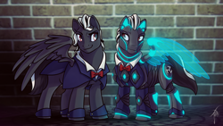 Size: 1600x900 | Tagged: safe, artist:lessanamidairo, oc, cyborg, pegasus, pony, cuffs (clothes), male, stallion